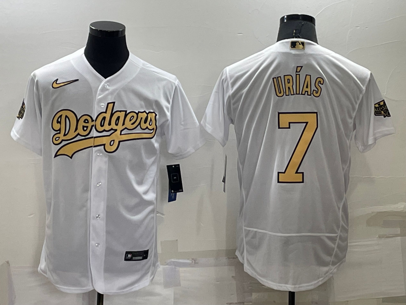 Men's Los Angeles Dodgers #7 Julio Urías 2022 All-Star White Flex Base Stitched Baseball Jersey Men's Los Angeles Dodgers #7 Julio Urías 2022 All-Star White Flex Base Stitched Baseball Jersey